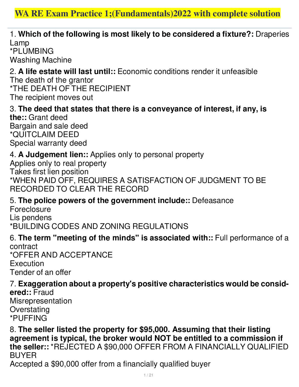Preview image of WA RE Exam Practice 1;(Fundamentals)2022 with complete solution document